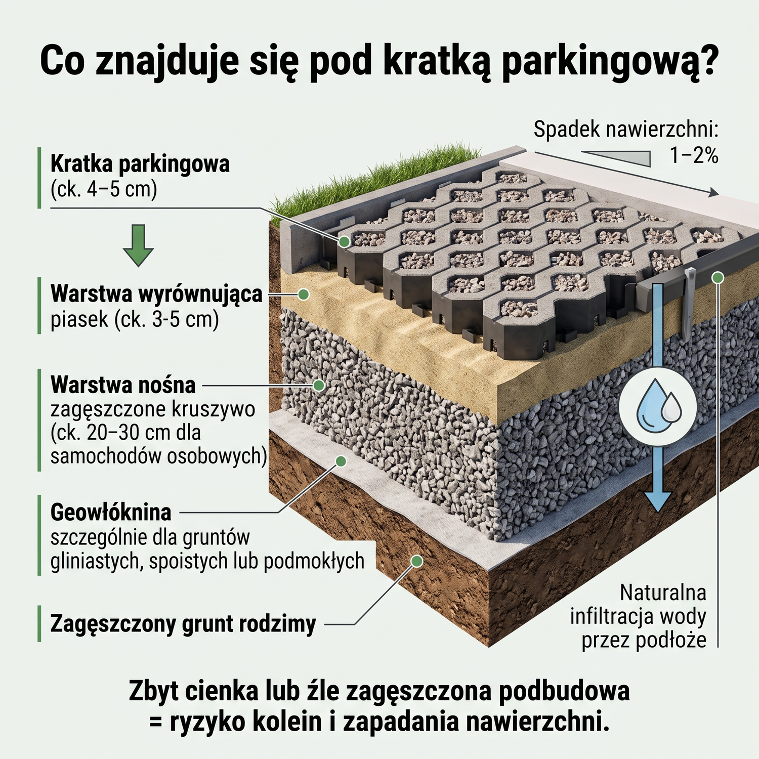 Przekrój prawidłowo ułożonego podjazdu z kratek parkingowych wypełnionych trawą
